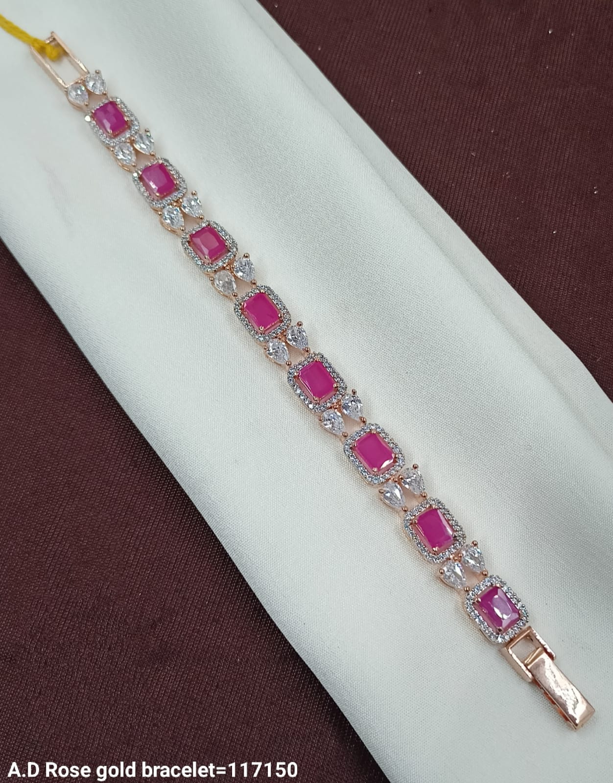 Rose Gold AD Bracelet with Bright Pink Emerald-Cut Stones – Chic & Glamorous